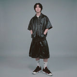 グロッシー フェイクレザー ワイド ショーツ ブラック