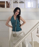 bata silver stud deep halter sleeveless top