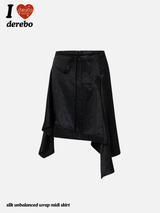 silk unbalanced wrap midi skirt