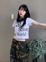 Cat Save The World Crop T (Black, White)