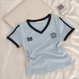 95 Vネック ユニフォーム ストライプ クロップド ショートスリーブ (4 colors)