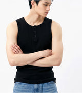 Ribbed Henley-Neck Sleeveless Top Black