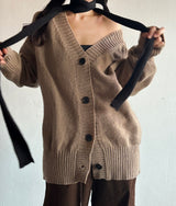 4-BUTTON V-NECK BOXY OVERSIZED LOOSE KNIT BROWN KITSCH AUTUMN THICK CARDIGAN (SCARF SET X)