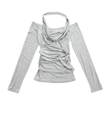 ドレープカウルネックホルターオフショルダーTシャツ