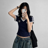 95 Vネック ユニフォーム ストライプ クロップド ショートスリーブ (4 colors)