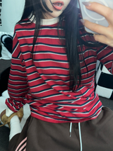 STRIPE OVER BOXY BOYFRIEND LONG SLEEVE T SHIRT ❤💚🩵🧸4COLOR