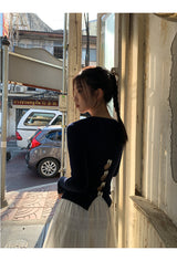バックホワイトボウロングスリーブニットTシャツ