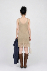 FRINGE-HEM KNIT V-NECK DRESS IN BEIGE