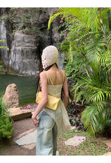 Beige knit hat, bucket hat