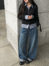 Risha Check Collar Knit Shirt Rib Cardigan
