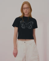 テキストバタフライクロップTシャツ-BLACK