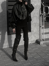 high neck cropped leather jacket