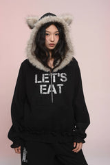eat me plz* Cathy Cat Ear Fur Fleece Hoodie for Autumn-Winter Warmth Jacket