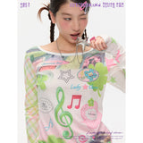 BETWEENAND Summer Millennium Lucky Note Print Slim-Fit Lightweight Semi-Sheer Patchwork Long-Sleeve Top