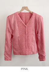 Bowl Check V-Neck Pearl Tweed Jacket