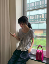 Pokapo Frill Layered Ribbed Short Sleeve Cardigan