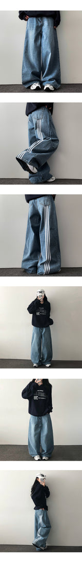 ポート3トラックラインウォッシュドデニムワイドパンツ