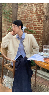 ノーカラーラウンドツイードルースフィットジャケット