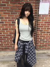 [Shirt + Sleeveless Set] ミロング オーバー フィット チェック カラー シャツ