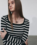 STRIPE LOGO SQUARE NECK KNIT_LIGHT BEIGE