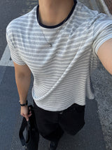 ルーズ スパンデックス ストライプ ショートスリーブTシャツ