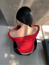 アンバランスカラーオフショルダーストラップストライプTシャツ