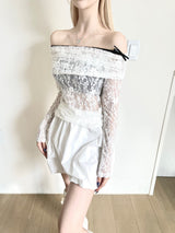 1225. リボンレースストラップオフショルダーTシャツ（2色）