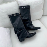 STILETTO SHIRRING WRINKLE BELT WARMER WESTERN BOOTS (BLACK)