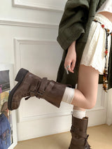 Vintage-Style Genuine Lambskin Mid-Calf Biker Boots with Belt Detail