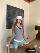 レースレイヤード長袖VネックTシャツ