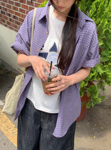 [unisex] ナユヒパープル半袖チェックシャツ