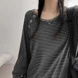コンチ ストライプド アシメトリー スナップ ロングスリーブ Tシャツ(5 colors)