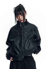 High Neck Leather Crop Jacket - Black