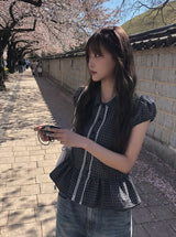 ライペン チェック レース フリル パフ ショートスリーブ シャツ