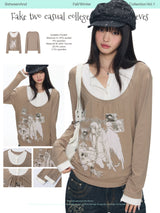 BETWEENAND Brown short-sleeved casual college-style T-shirt for women, autumn version