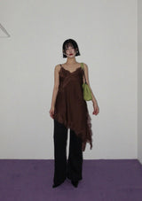 レースサテンアンバランススリップミニドレス(BROWN)