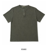 Wheat Pigment Rib Muscle Henley Neck Short Sleeve T-shirt