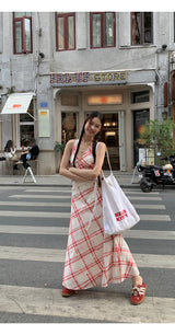 Red checkered V-neck sleeveless long dress