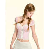 [GirlyFancyClub] French Girl Lace U-neck Pure Sweet Girl Pink Plaid Top Summer