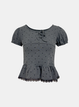 Grid Dot Ribbon Frill T-shirt