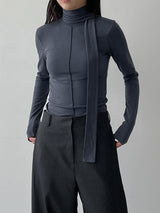 [Brushed Lining] Tie Pintuck Turtleneck T-Shirt