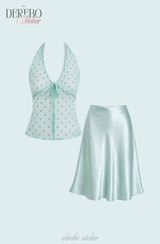 milk mint halter blouse silk skirt two-piece (SKIRT)