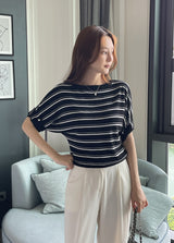 Say Boat-Neck Roll-Up Stripe Knit