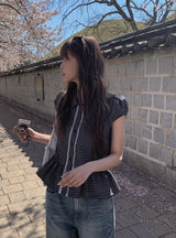 ライペン チェック レース フリル パフ ショートスリーブ シャツ
