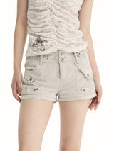 CONFUN Original Washed Stripes Texture Heavy-duty Rivet Embroidery Mid-low Rise Denim Shorts