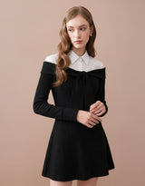 Elly Off-Shoulder Tie Ribbed Long-Sleeve Mini Knit Dress Black