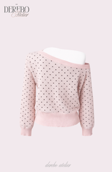 Pink dot unbalanced shoulder top