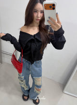 Black Off-Shoulder Cover Long Sleeve T-Shirt