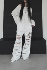 [unisex]レーザーダメージワイドデニム