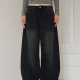 [S-XL] Nian incision washed wide denim pants